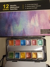 Metallic Aquarellfarbe PAINT BOX, 12 Halbe Näpfe + 2 Wassertankpinsel, OVP
