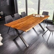 Massivholz Esstisch MAMMUT NATURE 180cm Akazie Baumkante X-Gestell schwarz 2,5cm