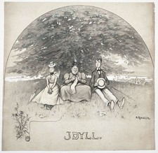 A. Roeseler - Idyll Liebespaar mit Schwiegermutter Zeichnung drawing 1910