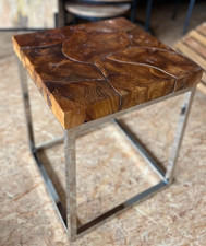 Beistelltisch Teaktisch Couchtisch Teakholz Edelstahl 40 x 40 cm, H 50 cm NEU