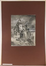 Kohlezeichnung Gustav Pflugradt Landschaft mit Ritterburg Mittelalter Antik