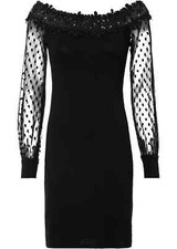 Neu Off-Shoulder-Kleid mit Mesh-Armen Gr. 36/38 Schwarz Carmenkleid Abendkleid