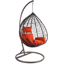Luxus Hängesessel Miami XL Polyrattan mit Korb Gestell braun Kissen Orange