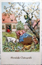 Fabig Distling - Kind in Wiege im Garten Hase Ziege, Goldprägung AFKH Rar! 1955