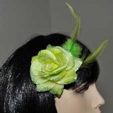 Blume HELL GRÜN Blüte ROSE Haarclip Haarklammer Glitzer Federn Haarschmuck Feder