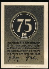 Notgeld Erfurt 1922, 75 Pfennig, Mitteleuropäische Notgeldausstellung und Messe 