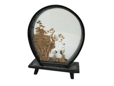 Chinesisches Kork-Diorama Fuzhou Kraniche Störche Vintage Glas Box Asiatika