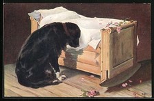 Ansichtskarte Fedeltà, Hund trauert vor einem leeren Kinderbettchen 