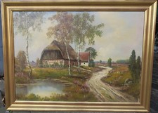 Gemälde Landschaft Reetdachhaus / Haus an Weg vor Tümpel / Teich Birken Knust ?