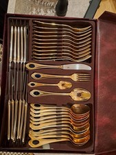 messerkoffer alt - 70 Teile - 23/24 Karat vergoldet -Solingen - rostfrei