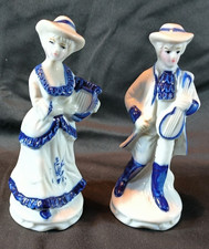 Porzellanfiguren Paar Rokoko Kobaltblau Weiß Musiker Dame Vintage ungemarkt