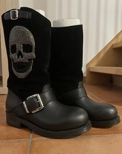 Original PHILIPP PLEIN SCHUHE STIEFEL BOOTS GR. 35 Totenkopf Leder Gummi wNeu