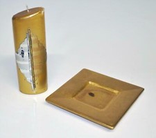 (20005) Kerze mit Porzellanteller goldfarben H 20 cm, leichte Fehler