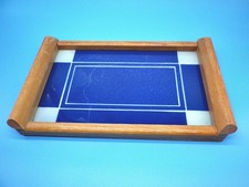 Tablett DDR Serviertablett Holz / Glas blau weiß  ca. 25x15 cm we371