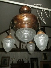 Große alte Hängelampe Kupfer mit 4 Gläsern um 1900 guter Zustand Jugendstil