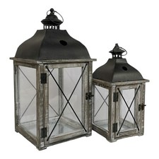 Holzlaternen 2er Set 49cm groß Laterne Holz braun Metalldach und Tür