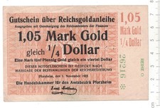 PFORZHEIM 1,05 Mark Gold (= 1/4 Dollar), Reichsgoldanleihe vom 1. November 1923