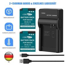 2x EN-EL12 ENEL12 Akku + Ladegerät für Nikon Coolpix AW120 AW130 S620 S630 S8200