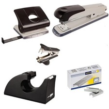 Büro SchreibtischSet 5-tlg Locher Heftgerät Heftklammern Enthefter Tischabroller