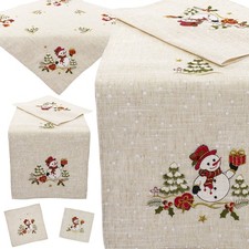 Schneemann Tischdecke Tischläufer Deckchen Weihnachten Leinenoptik Rot Bestickt