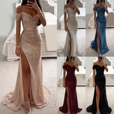 Damen Langes Abendkleid Mit Pailletten Schulterfrei Reine Farbe Sexy Abend- ≌