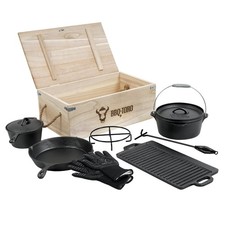 Dutch Oven Set 8-teilig Gusseisen eingebrannt BBQ Feuertopf Zubehör BBQ-Toro