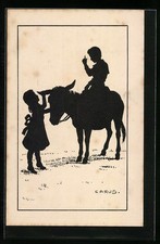 Künstler-AK Carus: Berliner Tierschutz Verein, Kinder mit Esel, Schattenbild 