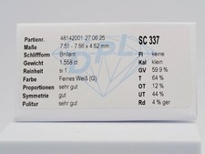 Diamant Brillant 1,55 ct si 1 Feines Weiß (G) sehr gut DPL 2025 SC 337