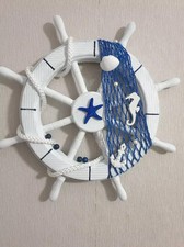  STEUERRAD-Holz -weiß- dekoriert mit Fischernetz-Kordel und