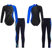 DE Mädchen Gymnastikanzug Langarm Turnanzug und Leggings Sporthose Ballettanzug