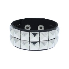 Punk Style Metall Nieten PU Armband, Schwarz Breit Manschette Armreif mit 2 Reihen Silber