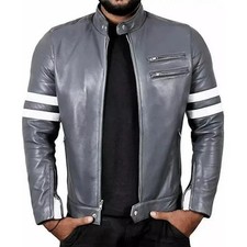 Neu Herren Stilvolle Motorrad Lederjacke Biker Handgefertigt Grau & Weiß Jacke