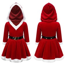 Kinder Mädchen Weihnachten Kleid Langarm Weihnachtskleid mit Kapuze Samt Kleider