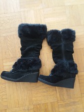 Keilabsatz Fell Fake Fur Fellstiefel schwarz warm Mokassin Gr 36