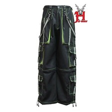 Gothic Hose Herren Schwarz Neongrün – Techwear Rave Cargo mit Trägern