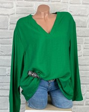Italy Leinen Bluse Tunika Shirt V-Ausschnitt Langarmbluse 42 44 46 Grün C309