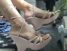 Schnür Pumps Zehentrenner Damen Sommer 39 UK 6 alt rosa Leder Stilettos sexy