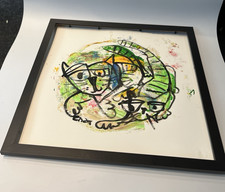 Katzen handsignierte Zeichnung gerahmt expressiv Orig. 40x40cm Acryl Tusche