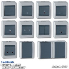 Aufputz Schuko Steckdose Schalter Wechselschalter POWERLINE IP44 Grau/Anthrazit