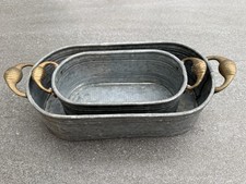 2er Set Zinkwannen mit Messinggriffen Pflanzgefäße Dekoschalen Pflanztopf