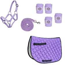 Set Halfter mit Strick Schabracke und Glitzer Bandagen für Holzpferde