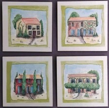 4er Bilder Set - Mediterrane Häuser,Handarbeit Serviette auf Holz, zum Aufhängen