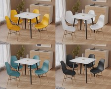 5-teiliges modernes Keramik Esstisch & Stuhl Set mit Massivholzbeinen weiß matt