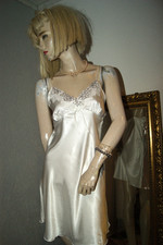 Glanz Negligee Hängerchen Babydoll Lingerie Nachtkleid SATIN weiß  L