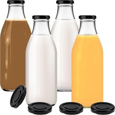 mikken 4 Glasflaschen 1 Liter Saftflaschen Milchflaschen mit 8 Deckeln schwarz