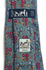 HERMÈS Paris orig. Vintage Krawatte 880 PA 100% Seide olivgrün Motiv Blumen