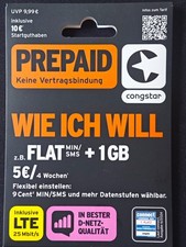 Congstar Prepaid, keine Vertragsbindung, SIM-Karte, D-Netz, Startguthaben 