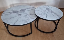2er Set Couchtische in Marmoroptik – Runde Glasplatte, Schwarz, Metallgestell