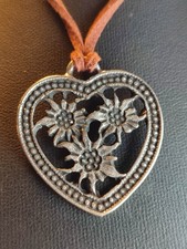 Trachten Oktoberfest Halskette am 60 Cm Band Bayern 3 Edelweiß Herz in Altsilber