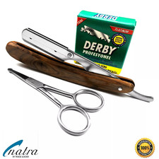 Holz Rasiermesser + 100 Derby Rasierklingen Rasierer Rasur Razor + Bartschere 